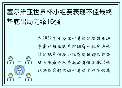 塞尔维亚世界杯小组赛表现不佳最终垫底出局无缘16强