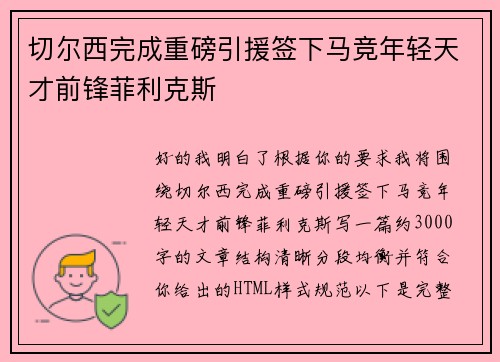 切尔西完成重磅引援签下马竞年轻天才前锋菲利克斯