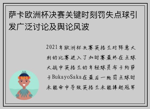 萨卡欧洲杯决赛关键时刻罚失点球引发广泛讨论及舆论风波